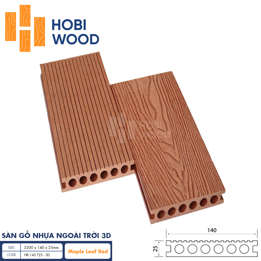 Sàn gỗ nhựa ngoài trời vân 3D HB 140 T25 - 3D (Maple - Leaf Red)