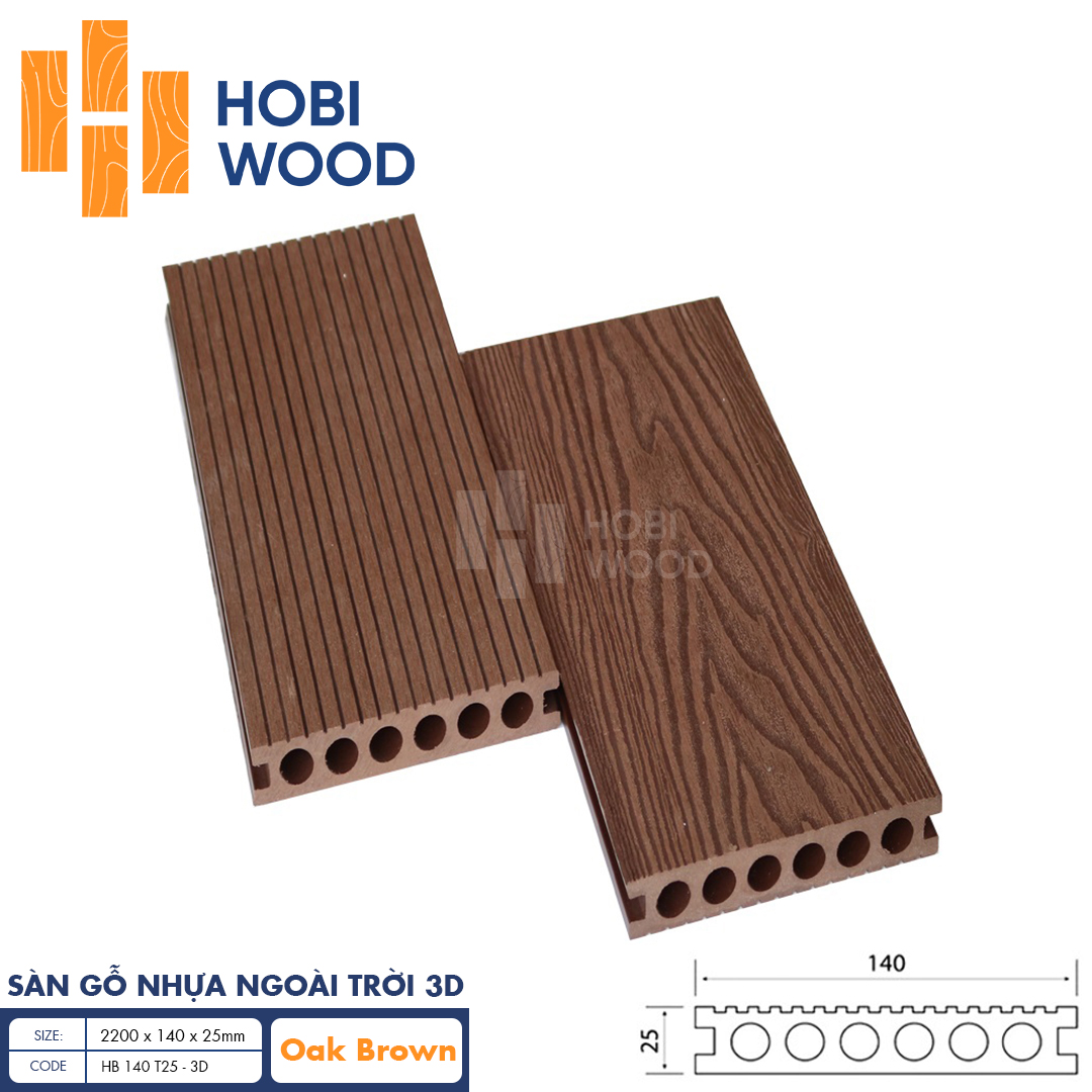 Sàn gỗ nhựa ngoài trời vân 3D HB 140 T25 - 3D (Oak Brown)