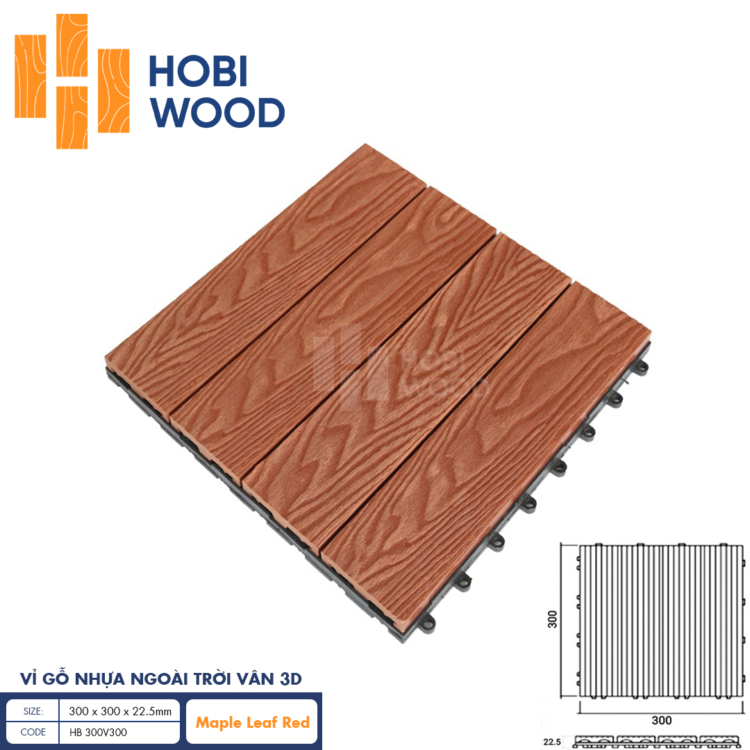 Vỉ gỗ nhựa ngoài trời vân 3D - HB 300V300 (Maple - Leaf Red)